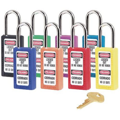Master Lock 411BLU Safety Series 411 Bilingual Blue Xenoy Body Safety Padlock: 1 1/2\" Shackle